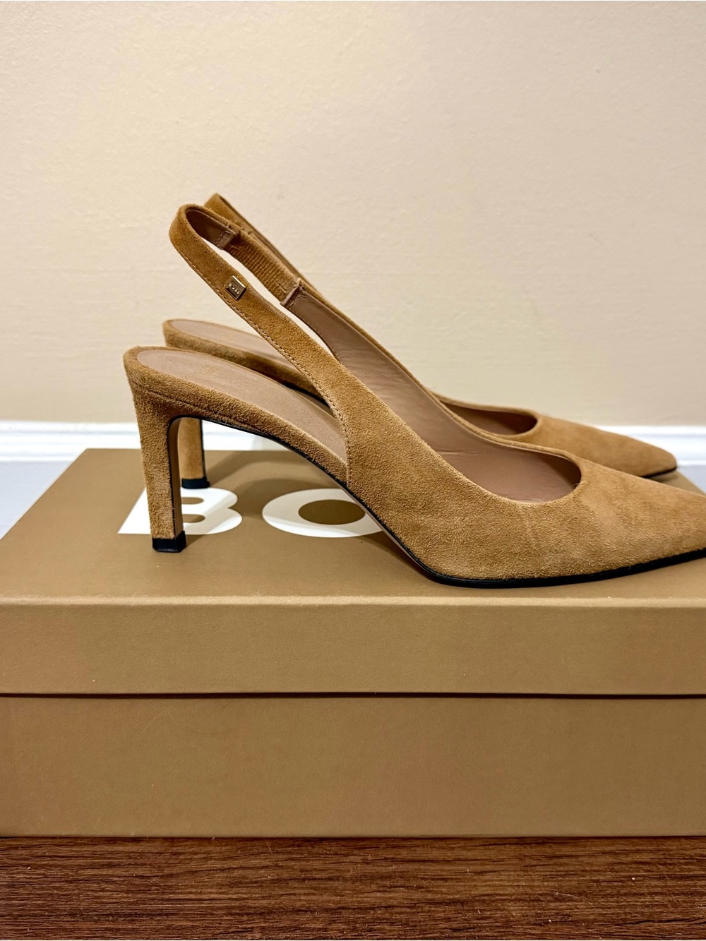 Hugo Boss Tan Suede Slingback Pointed Pumps